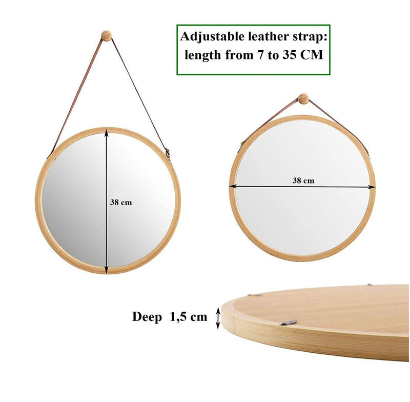 Round Hanging Wall Mirror with Bamboo Frame - 38cm