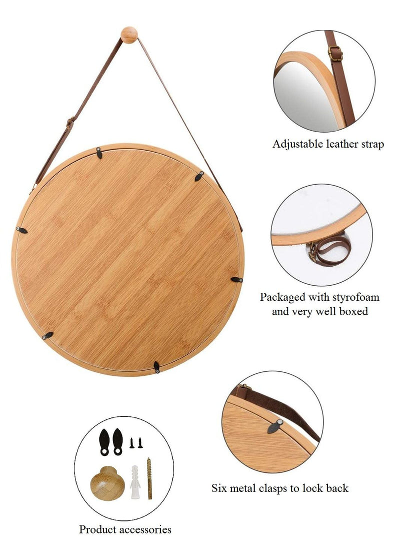 Round Hanging Wall Mirror with Bamboo Frame - 45cm