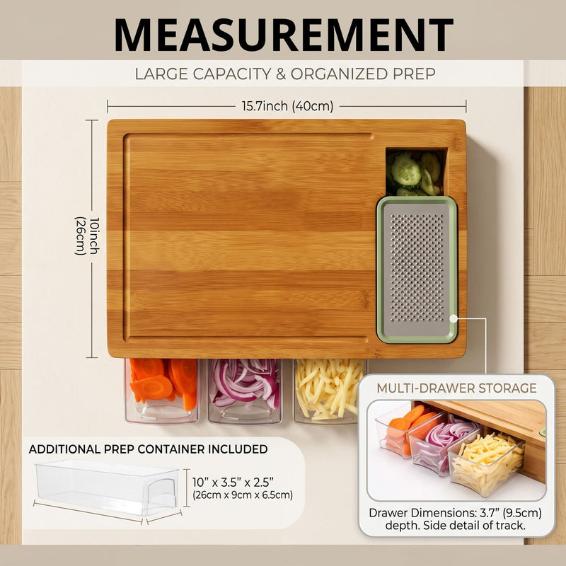 Bamboo Cutting Board with 4 Trays, Graters & Mobile Holder gift in Natural - detail view
