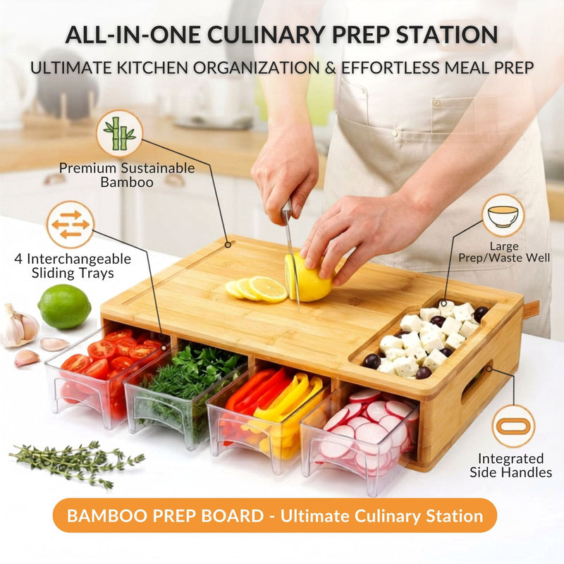 Bamboo Cutting Board with 4 Trays, Graters & Mobile Holder gift in Natural - size and scale view