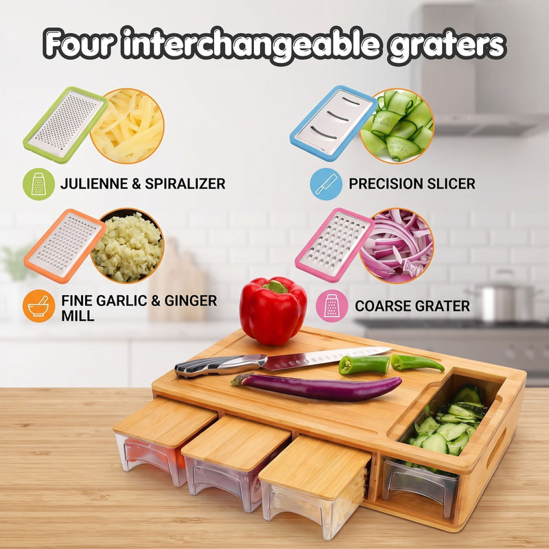 Bamboo Cutting Board with 4 Trays, Graters & Mobile Holder gift in Natural - additional product view