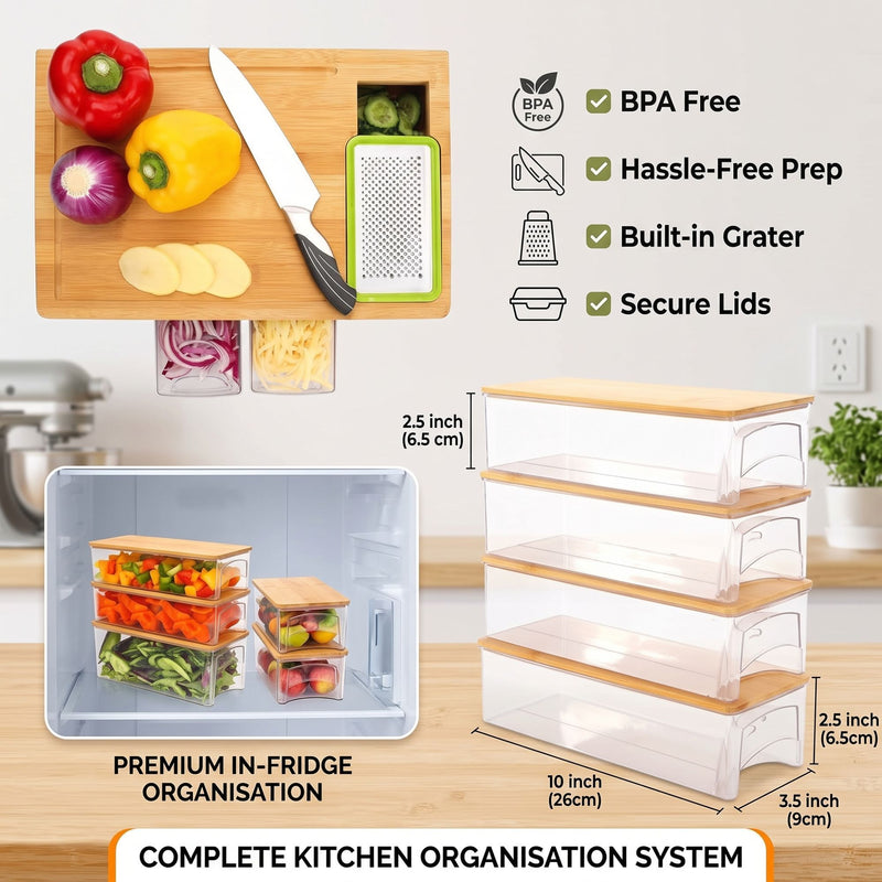 Bamboo Cutting Board with Containers and Mobile Holder