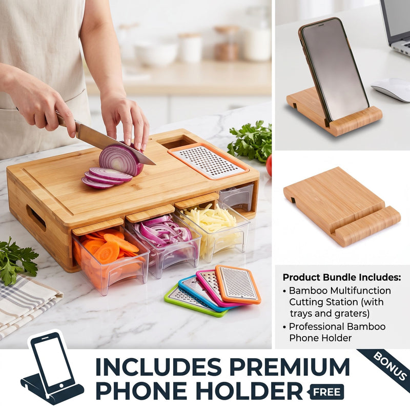 Bamboo Cutting Board with Containers and Mobile Holder