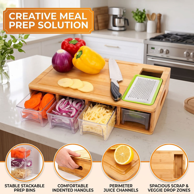 Bamboo Cutting Board with Containers and Mobile Holder