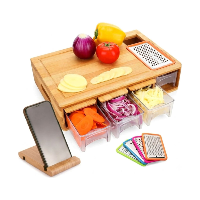 Bamboo Cutting Board with 4 Trays, Graters & Mobile Holder gift in Natural - main product image