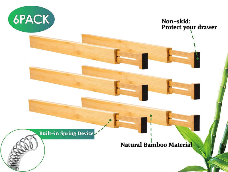 6-Pack Bamboo Adjustable Kitchen Drawer Dividers (Large, 44-55 cm) in Natural - size and scale view