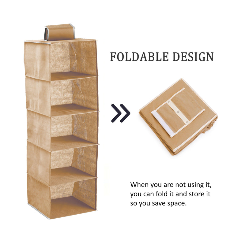 5-Tier Hanging Wardrobe Organiser, Non-Woven Fabric, Beige - detail view