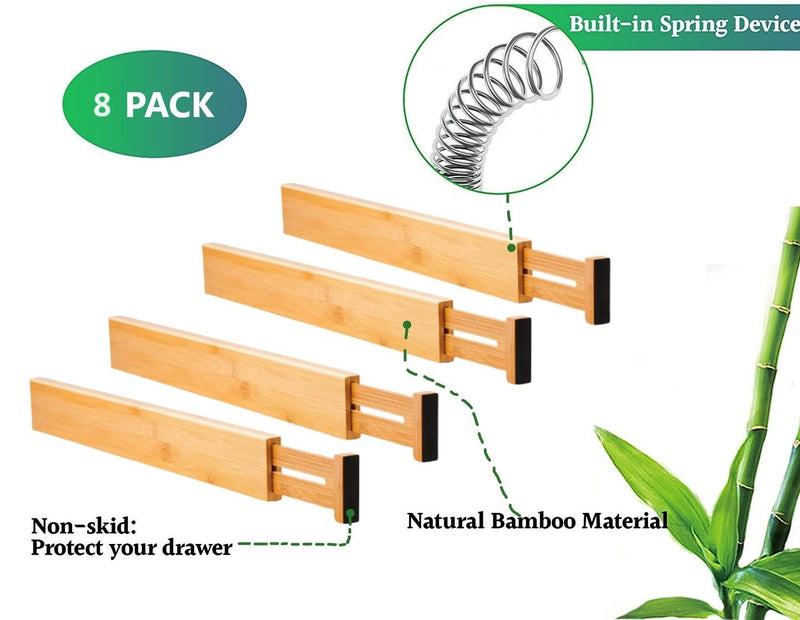 8-Pack Bamboo Adjustable Kitchen Drawer Dividers (Large, 44-55 cm) in Natural - size and scale view