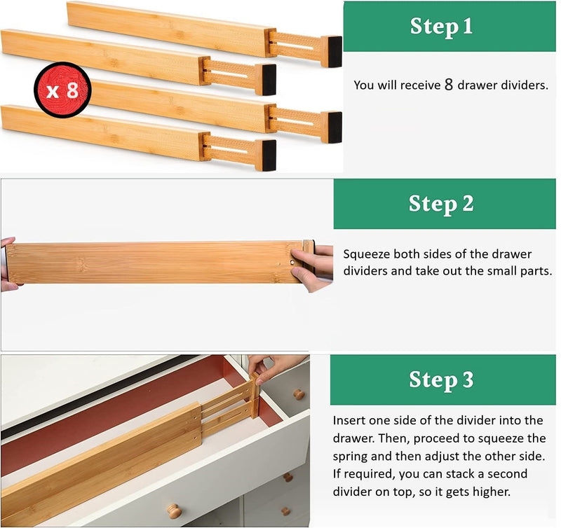 8-Pack Bamboo Adjustable Kitchen Drawer Dividers