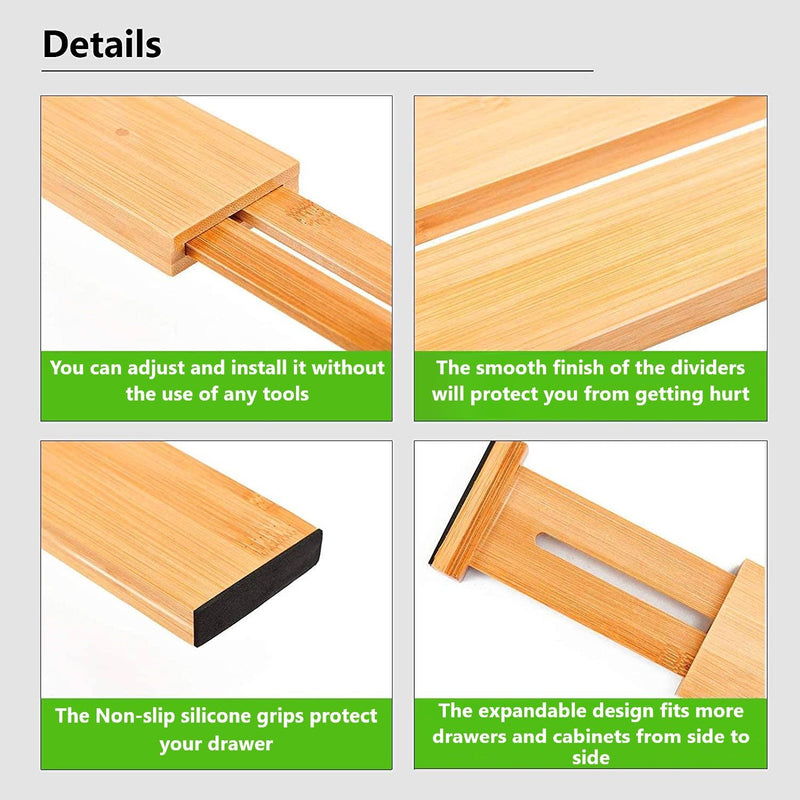12-Pack Bamboo Adjustable Kitchen Drawer Dividers (Large, 44-55 cm) in Natural - detail view