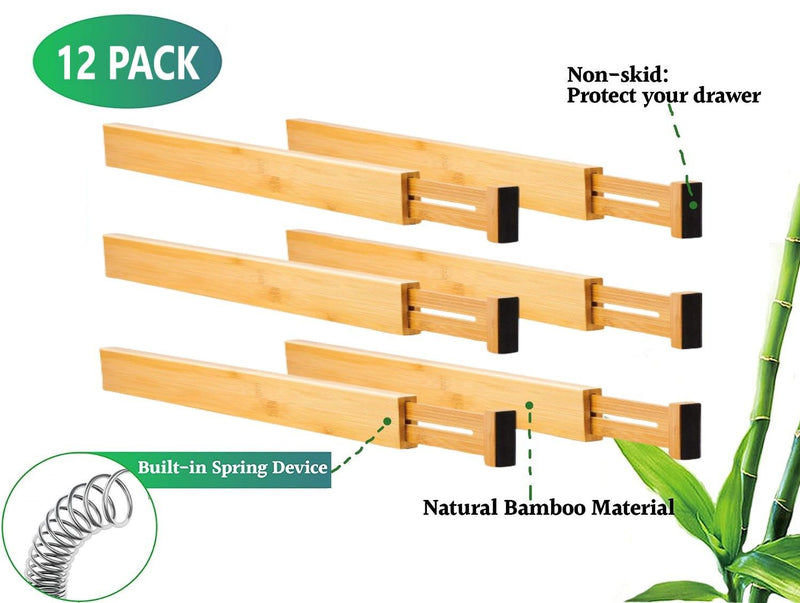 12-Pack Bamboo Adjustable Kitchen Drawer Dividers (Large, 44-55 cm) in Natural - size and scale view