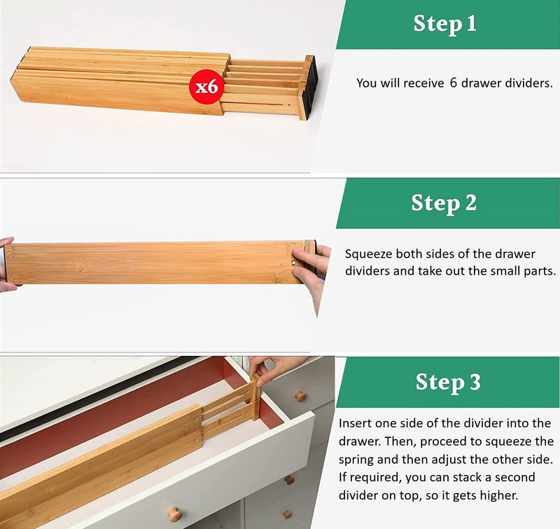 12-Pack Bamboo Adjustable Kitchen Drawer Dividers