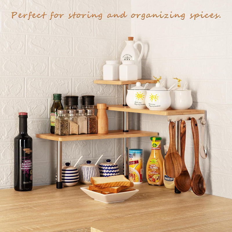 3 Tier Bamboo Corner Spice Rack with Hooks, Natural - alternate angle