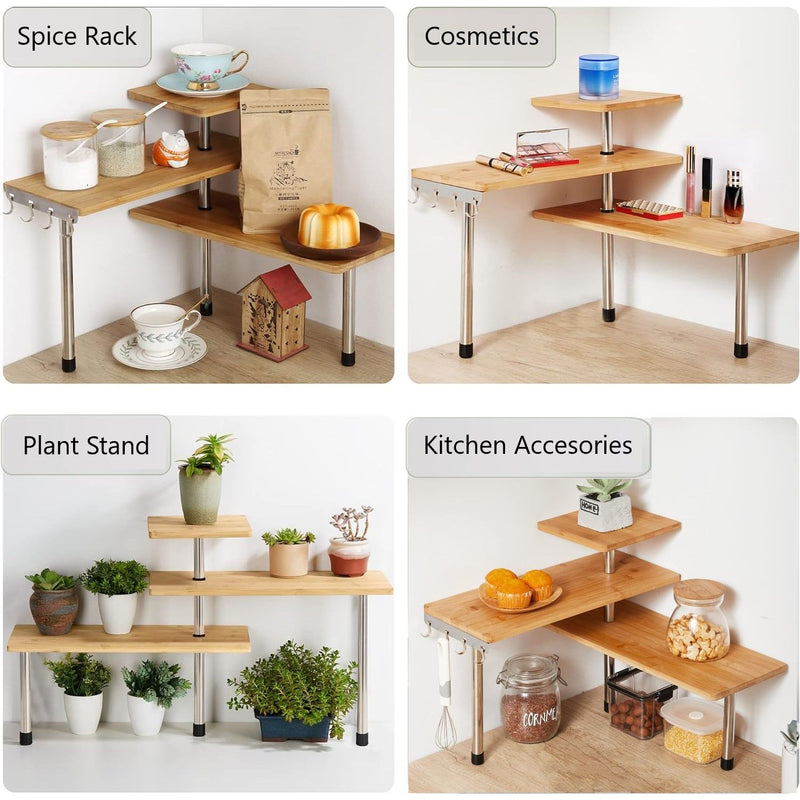 3 Tier Bamboo Corner Spice Rack with Hooks, Natural - size and scale view