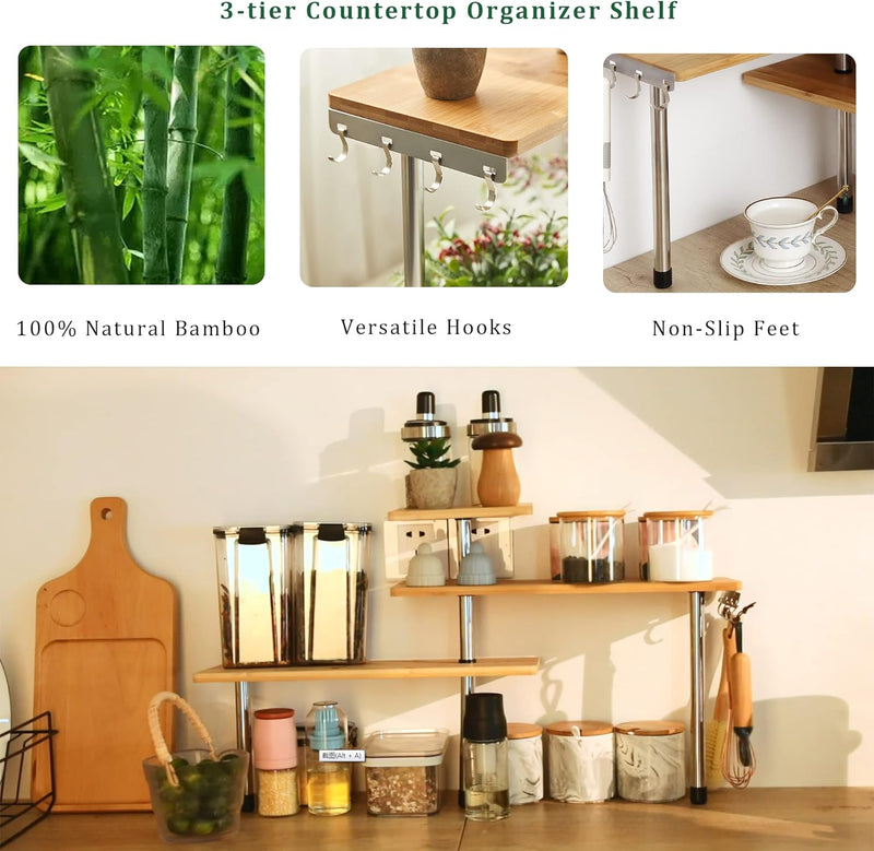 3 Tier Bamboo Corner Spice Rack with Hooks, Natural - additional product view
