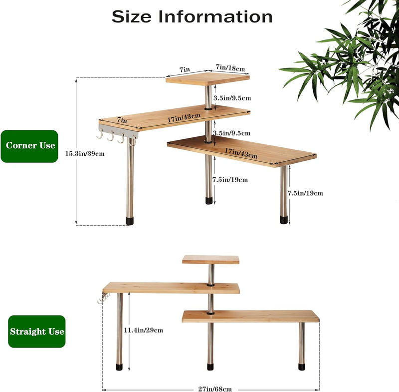 3 Tier Bamboo Corner Spice Rack with Hooks