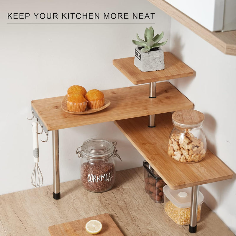 3 Tier Bamboo Corner Spice Rack with Hooks