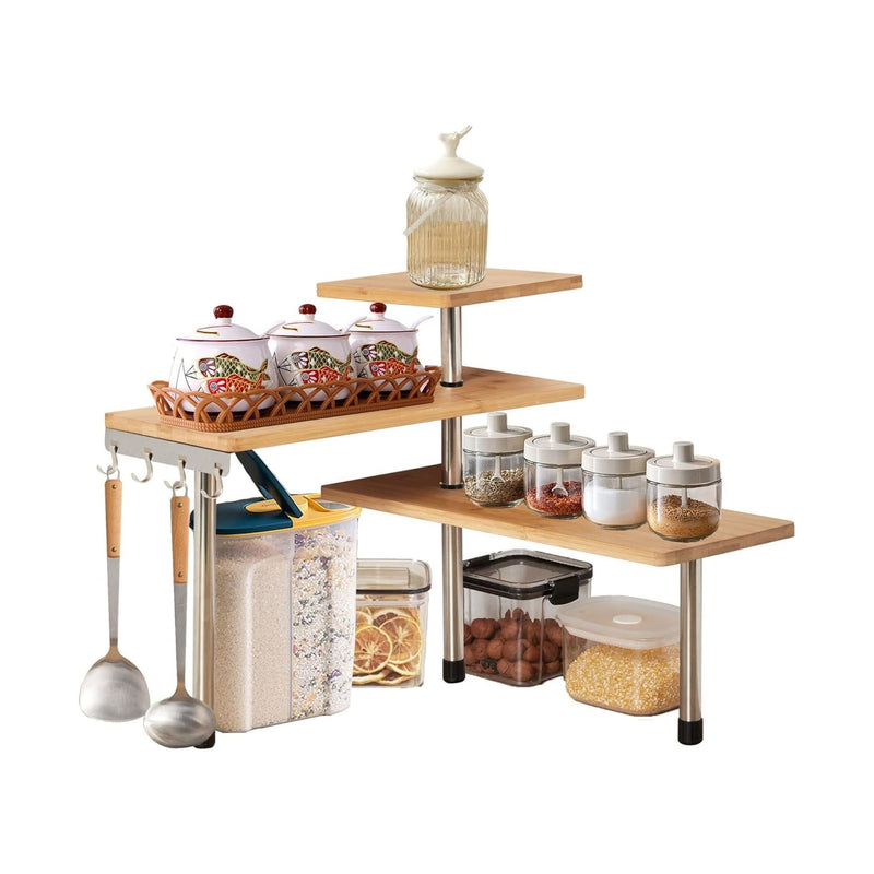 3 Tier Bamboo Corner Spice Rack with Hooks, Natural - main product image