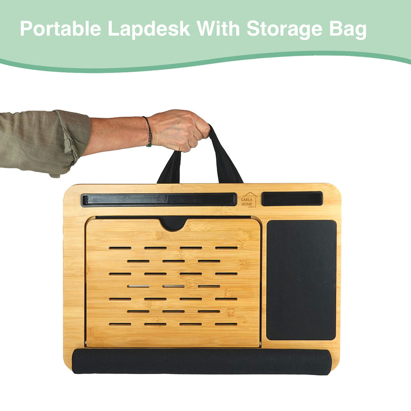 Bamboo Laptop Lap Desk with Cushion & Carry Bag, Portable & Adjustable in Black - size and scale view