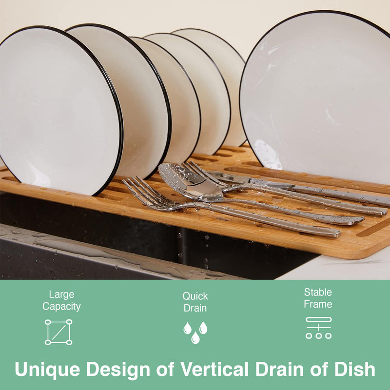 Foldable Bamboo Dish Drying Rack, Over Sink Dish Drainer, Natural - detail view