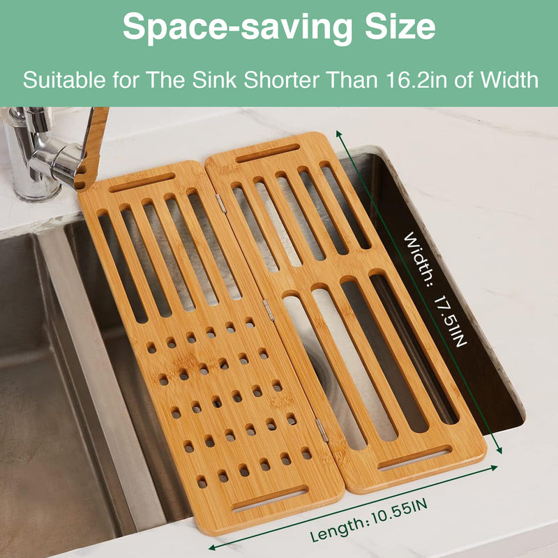 Foldable Bamboo Dish Drying Rack, Over Sink Dish Drainer, Natural - size and scale view