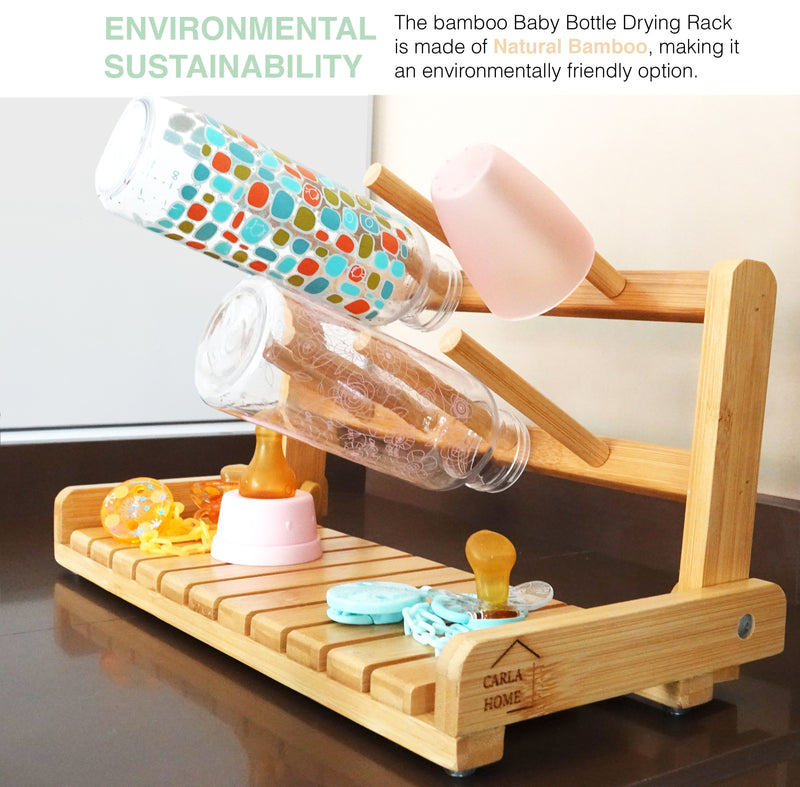 Bamboo Baby Bottle Drying Rack with Bottle Brush, Portable, Kitchen in Natural - alternate angle