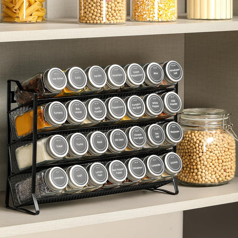 4 Tier Spice Rack Organiser with 28 Glass Jars, 300 Labels & Funnel, Black - alternate angle