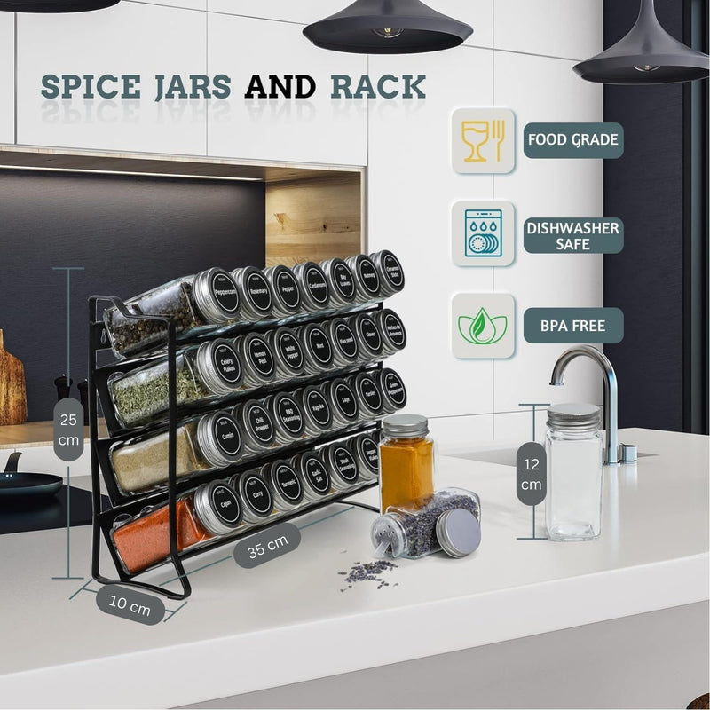 4 Tier Spice Rack Organiser with 28 Glass Jars, 300 Labels & Funnel