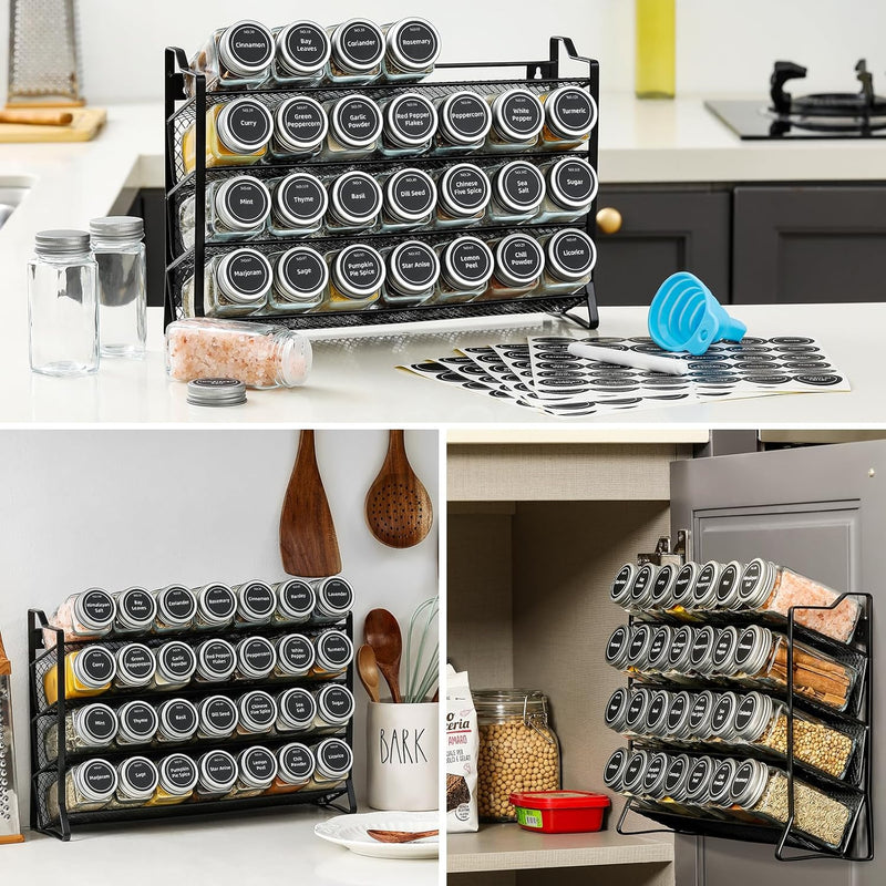 4 Tier Spice Rack Organiser with 28 Glass Jars, 300 Labels & Funnel