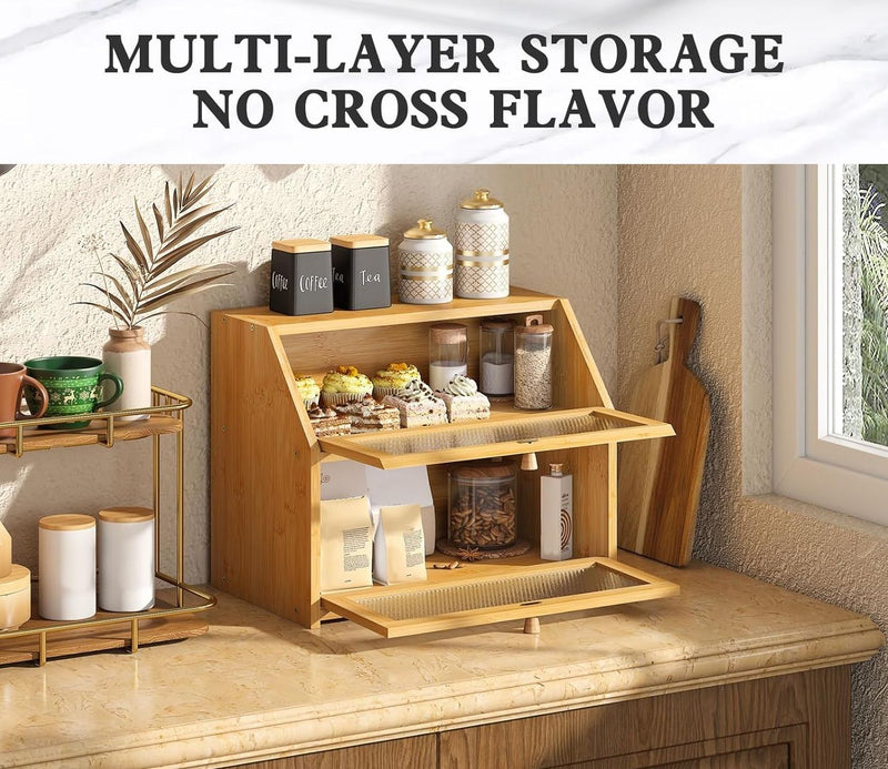 Double Layer Bamboo Bread Box with Clear Window for Kitchen Counter, Natural - detail view