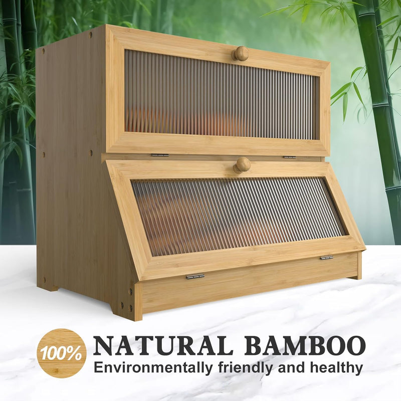 Double Layer Bamboo Bread Box with Clear Window for Kitchen Counter, Natural - size and scale view