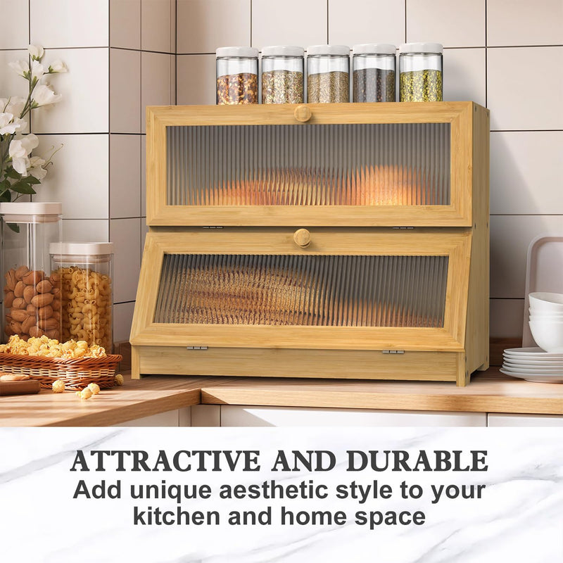 Double Layer Bamboo Bread Box with Clear Window for Kitchen - Natural