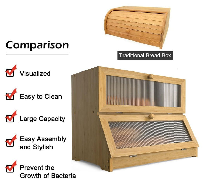 Double Layer Bamboo Bread Box with Clear Window for Kitchen - Natural