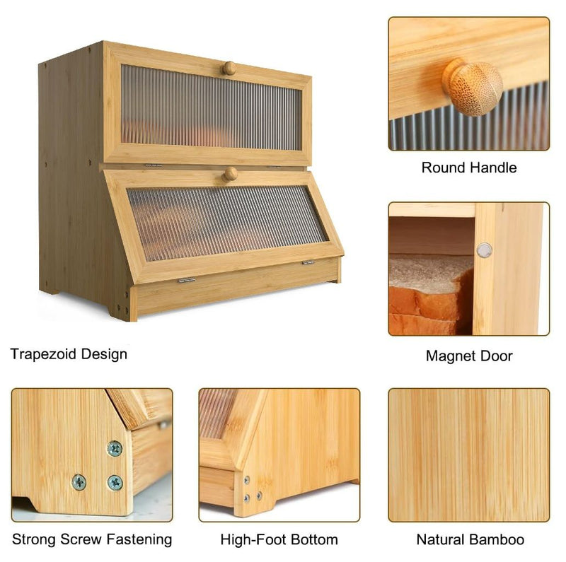 Double Layer Bamboo Bread Box with Clear Window for Kitchen - Natural