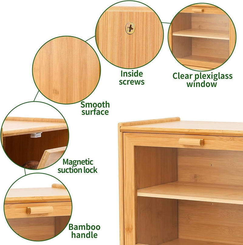 Large Bamboo Bread Box with Clear Window for Kitchen Counter