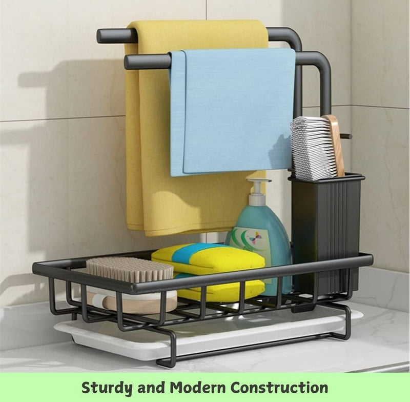 Kitchen Sink Caddy Sponge Holder with Drain Tray, Black - detail view
