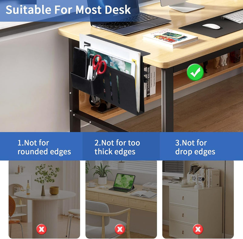 Under Desk Side Laptop Holder Storage with No Drill Cable Management Tray and Pen Storage for Office, Black - detail view