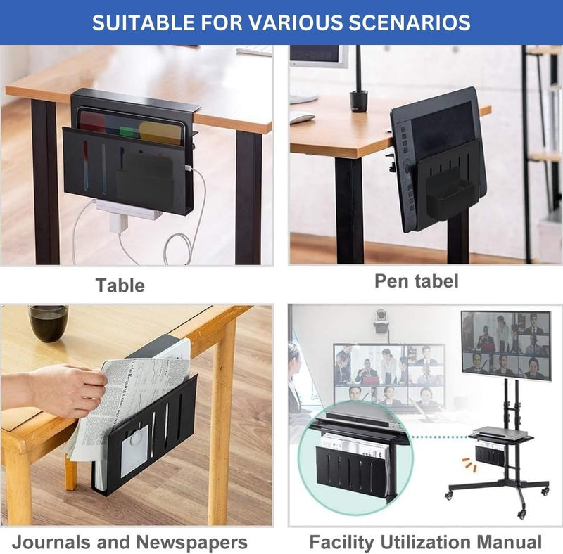 Under Desk Side Laptop Holder Storage with No Drill Cable Management Tray and Pen Storage for Office, Black - size and scale view
