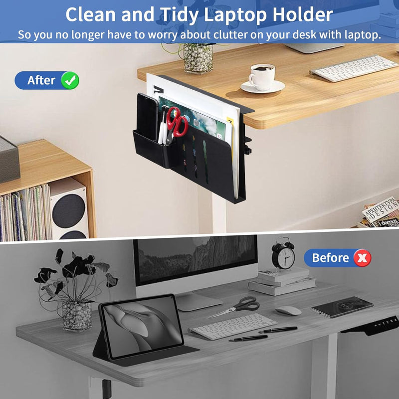 Under Desk Side Laptop Holder Storage with No Drill Cable Management Tray and Pen Storage for Office, Black - additional product view