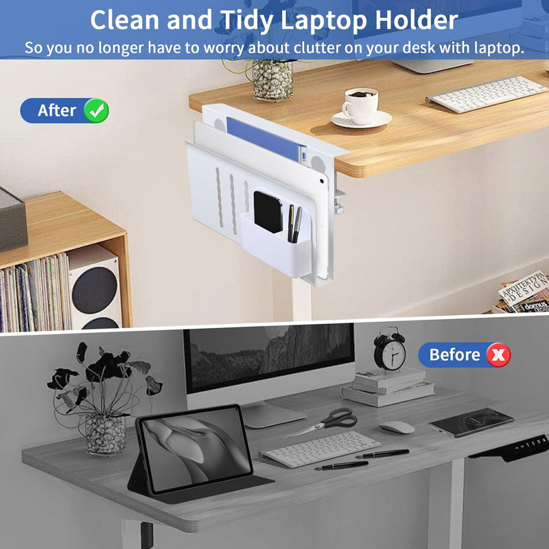 Under Desk Side Laptop Holder Storage with No Drill Cable Management Tray and Pen Storage for Office, White - size and scale view