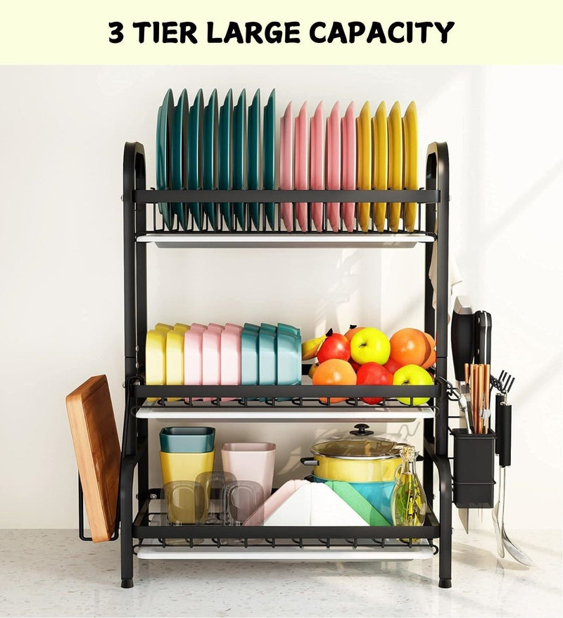 3 Tier Dish Drying Rack with Utensil Holder and Cutting Board, Black - detail view