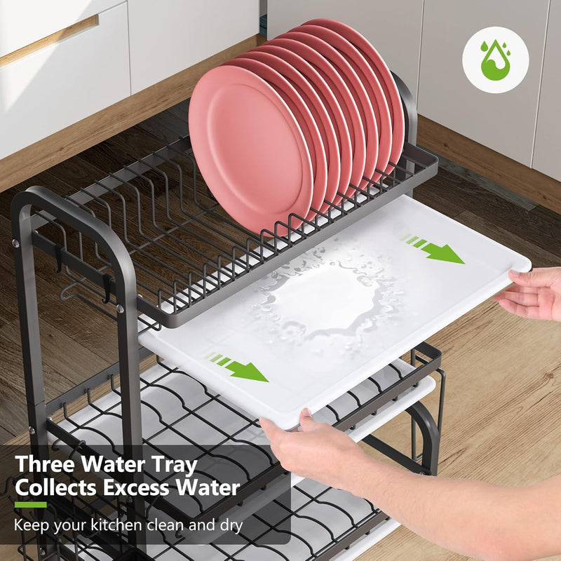 3 Tier Dish Drying Rack with Utensil Holder and Cutting Board, Black - size and scale view