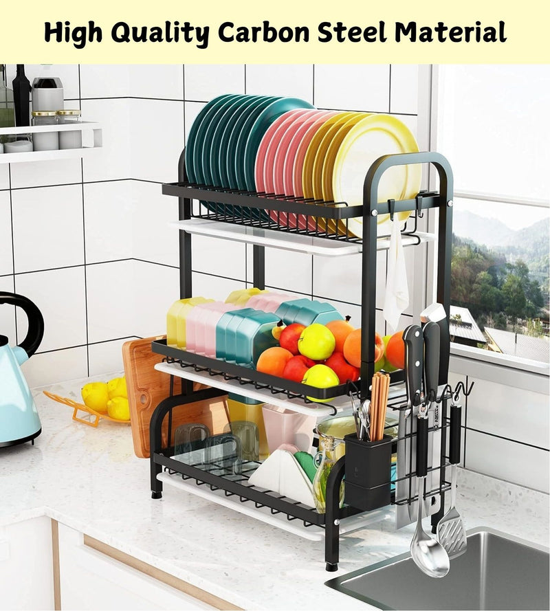 3 Tier Dish Drying Rack with Utensil Holder and Cutting Board, Black - additional product view
