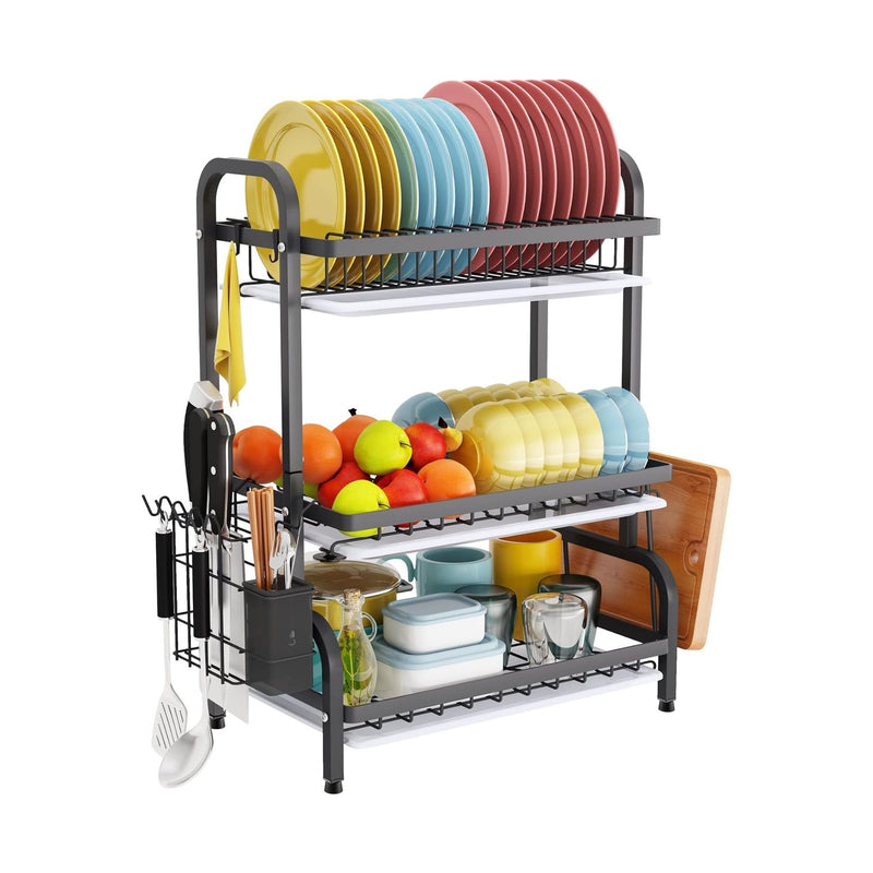 3 Tier Dish Drying Rack with Utensil Holder and Cutting Board, Black - main product image