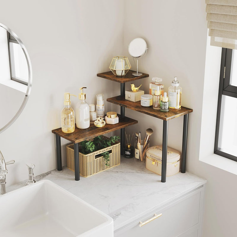 3 Tier Metal Corner Spice Rack with Hooks, Brown - detail view