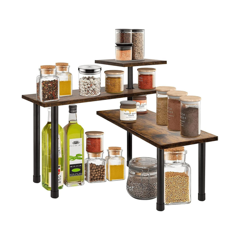 3 Tier Metal Corner Spice Rack with Hooks, Brown - main product image