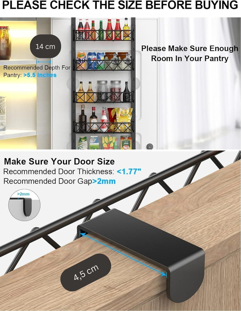 6 Tier Over Door Pantry Organiser with Adjustable Baskets Black