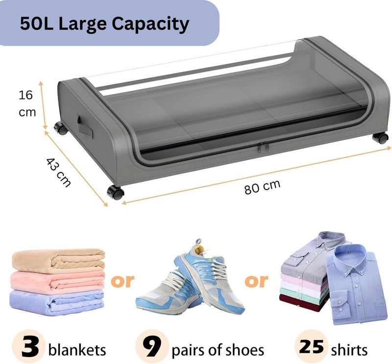 XXL Under Bed Storage Container with Wheels and Lid 50L, Grey - alternate angle