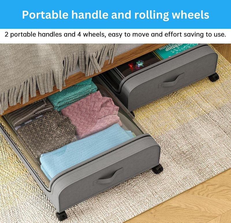 XXL Under Bed Storage Container with Wheels and Lid 50L, Grey - size and scale view