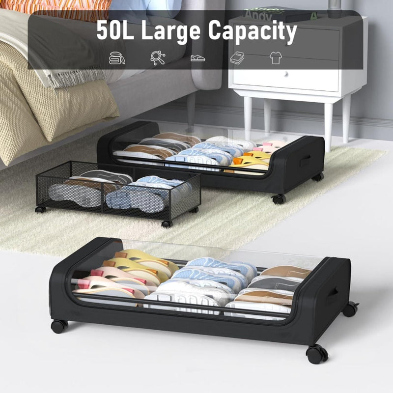 2-Pack XXL Under Bed Storage Container with Wheels and Lid 50L, Black - alternate angle
